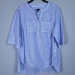 Talbots Womens Striped Popover Top Blue Size 0X Plus Petite 3/4 Sleeve Metallic